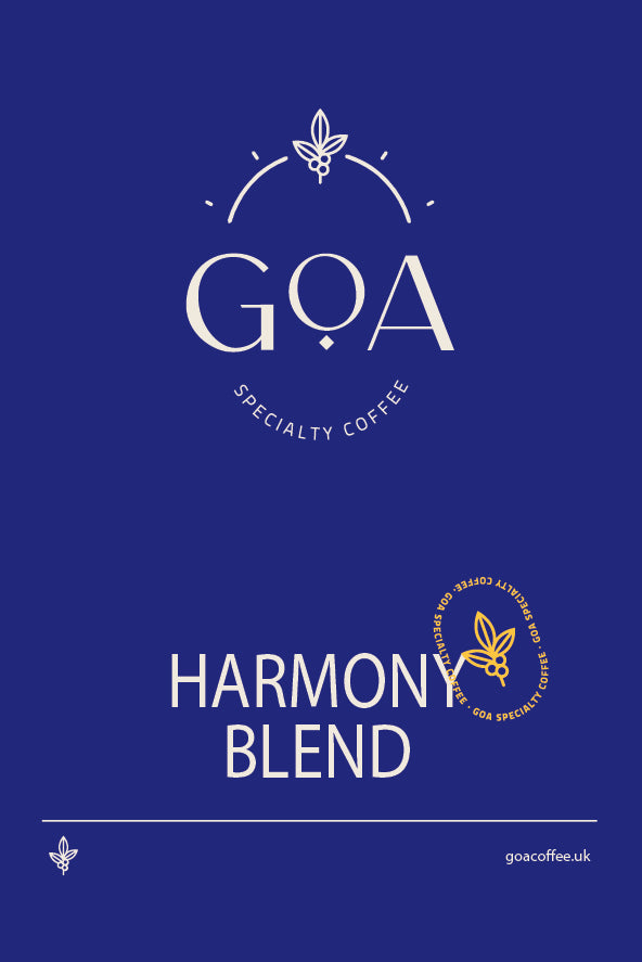 Label of Harmony Blend coffee featuring a mix of beans from El Salvador, Kenya, and Brazil.