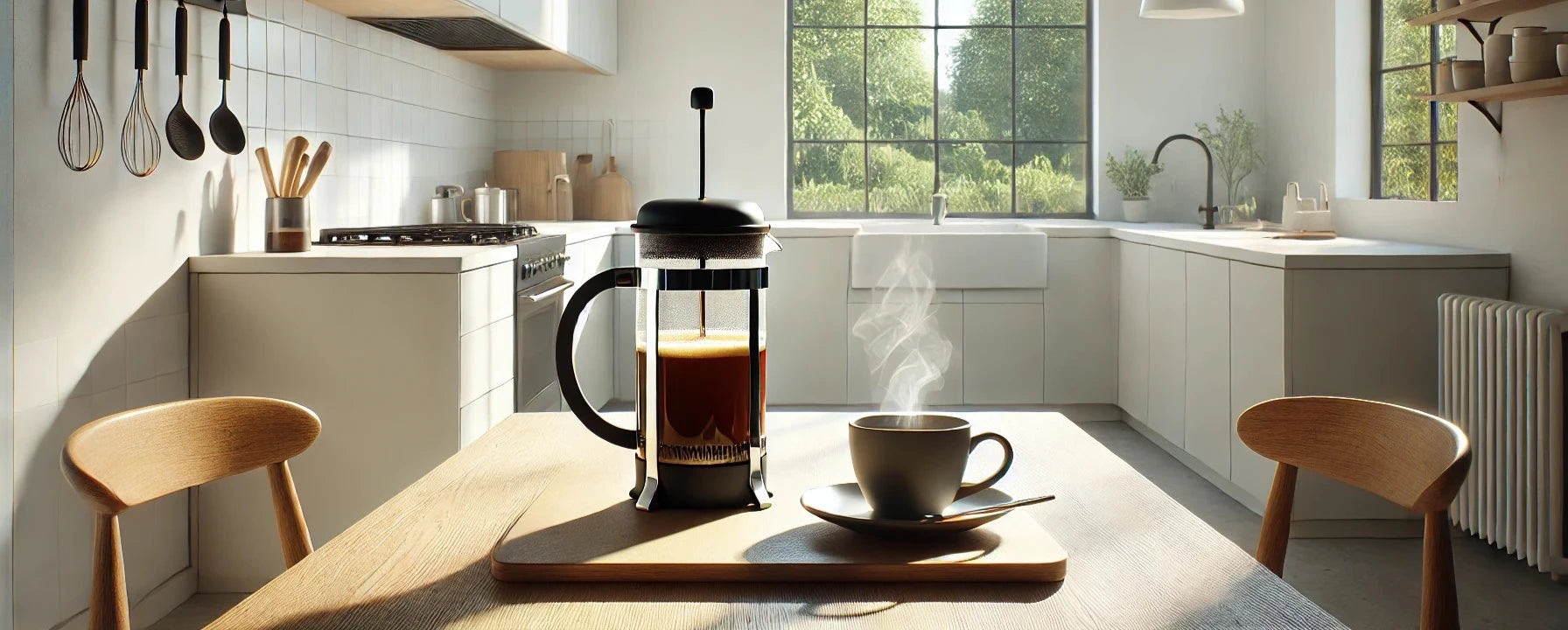 A minimalist breakfast table in a sleek, modern kitchen featuring white and wooden surfaces. A French press is pouring coffee into a cup, with soft natural light streaming in through a large window that overlooks green outdoor scenery and a clear blue sky. The scene is clean and airy, with a cozy yet contemporary feel.