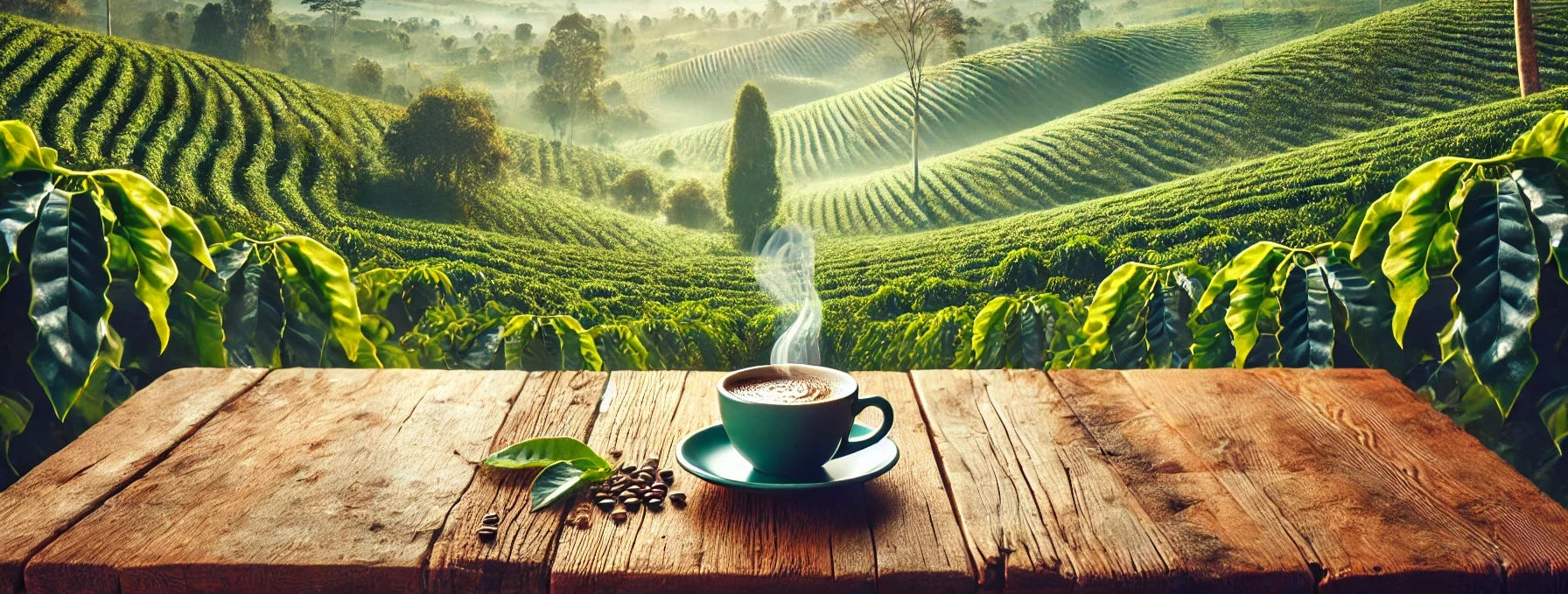 A peaceful scene of Kenyan coffee fields under bright midday sunlight and a clear blue sky. In the foreground, a rustic wooden table holds a steaming cup of coffee. The background shows lush green coffee plants stretching over gentle hills, with scattered trees and distant hills, creating a serene and inviting atmosphere.