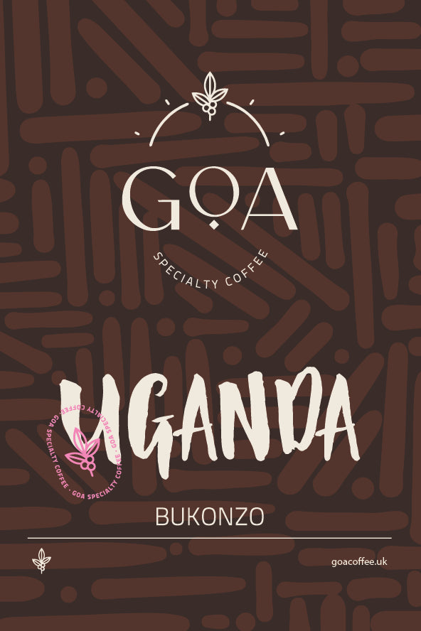 Label of Bukonzo Ugandan coffee highlighting origin in the Kasese region.