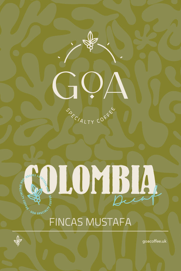 Label of Fincas Mustafa Colombian coffee showcasing origin and EA Sugarcane process.