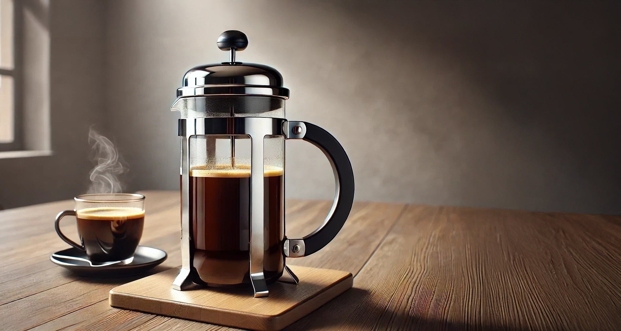 A French press filled with freshly brewed coffee next to a steaming cup, placed on a wooden table, perfect for a morning brew, displayed as a banner on the homepage.