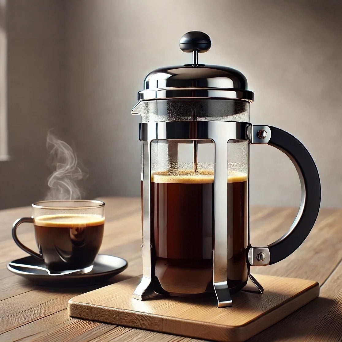 A French press with a steaming cup of coffee on a wooden table, featured in a product card to highlight brewing equipment.
