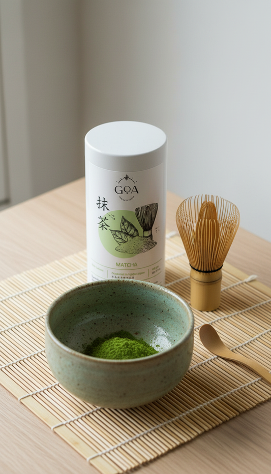 Matcha tin with traditional tea ceremony setup